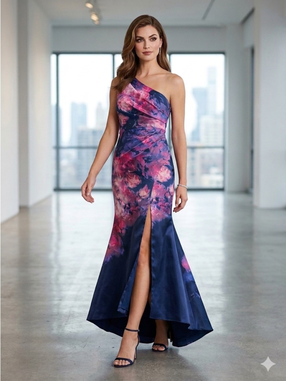 Rene Ruiz Collection One-Shoulder Floral Print Gown Size 8 Prom Wedding Festive